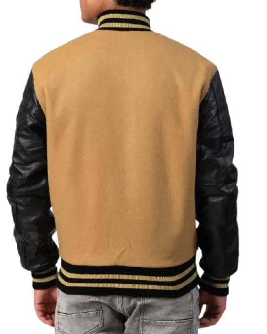 Camel Wool Body & Black Leather Sleeves Letterman Jacket