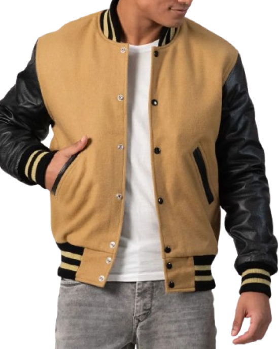 Camel Wool Body & Black Leather Sleeves Letterman Jacket