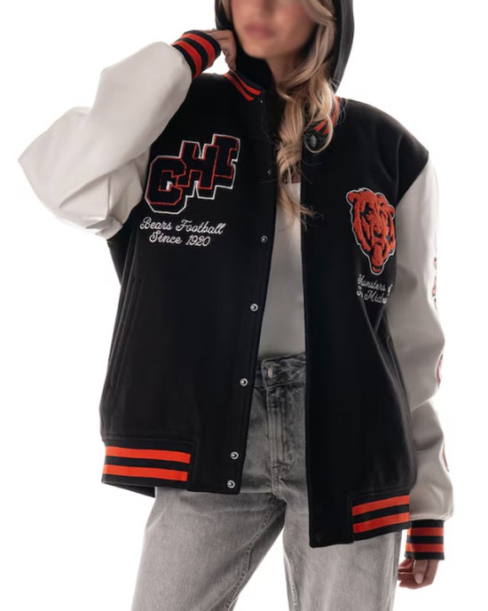 Chicago Bears Black and White Hooded Varsity Jacket