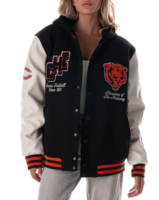 Chicago Bears Black and White Hooded Varsity Jacket