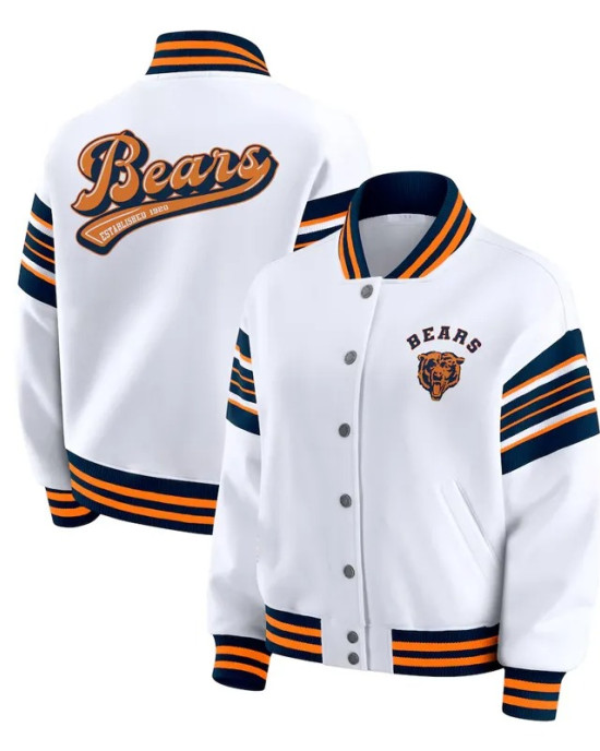 Chicago Bears Snap Front White Fleece Jacket