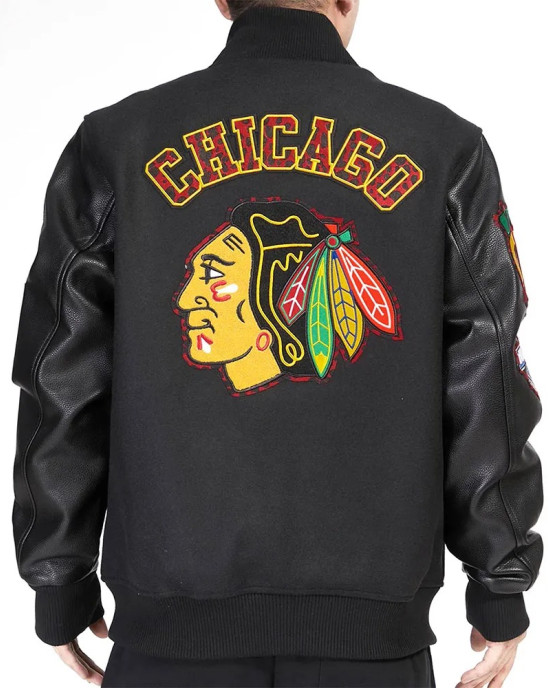 Chicago Blackhawks Animal Patches Black Varsity Jacket Chicago Blackhawks Animal Patches Black Varsity Jacket