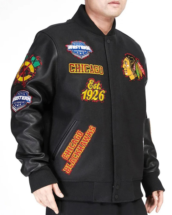 Chicago Blackhawks Animal Patches Black Varsity Jacket Chicago Blackhawks Animal Patches Black Varsity Jacket