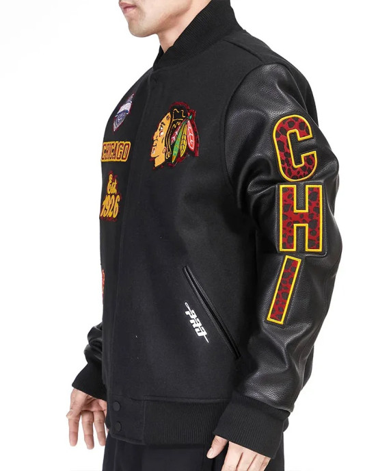 Chicago Blackhawks Animal Patches Black Varsity Jacket Chicago Blackhawks Animal Patches Black Varsity Jacket