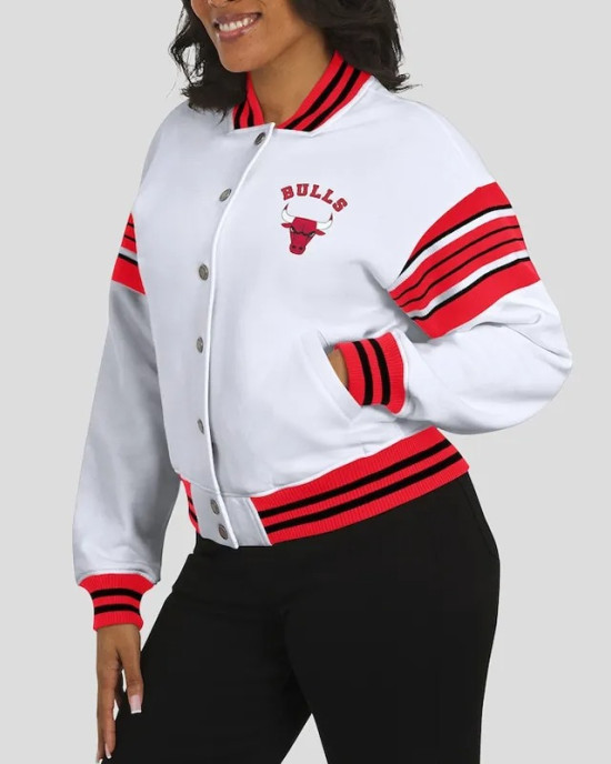 Chicago Bulls Snap Front White Fleece Jacket
