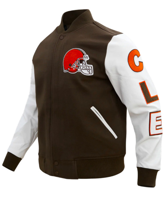 Cleveland Browns Classic Brown and White Wool Varsity Jacket Cleveland Browns Classic Brown and White Wool Varsity Jacket