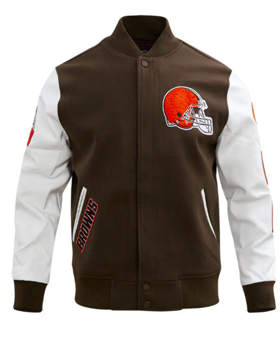 Cleveland Browns Classic Brown and White Wool Varsity Jacket Cleveland Browns Classic Brown and White Wool Varsity Jacket