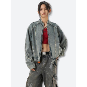 Cyberpunk Denim Zip-Up Jacket