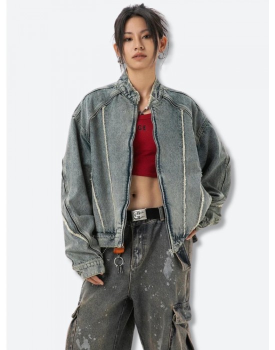 Cyberpunk Denim Zip-Up Jacket