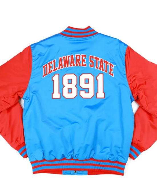 Delaware State Sky Blue and Red Baseball Jacket Delaware State Sky Blue and Red Baseball Jacket