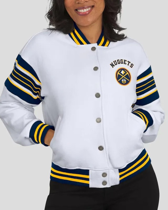 Denver Nuggets Snap Front White Fleece Jacket