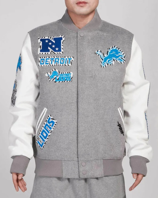 Detroit Lions Animal Patches Gray Varsity Jacket Detroit Lions Animal Patches Gray Varsity Jacket