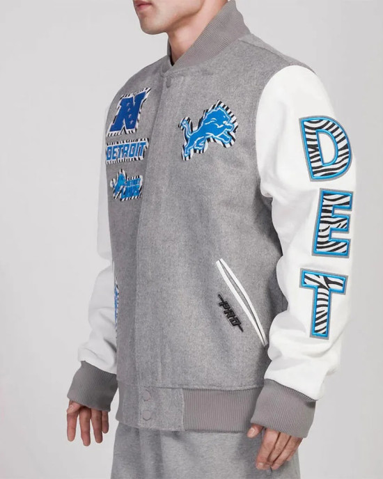 Detroit Lions Animal Patches Gray Varsity Jacket Detroit Lions Animal Patches Gray Varsity Jacket