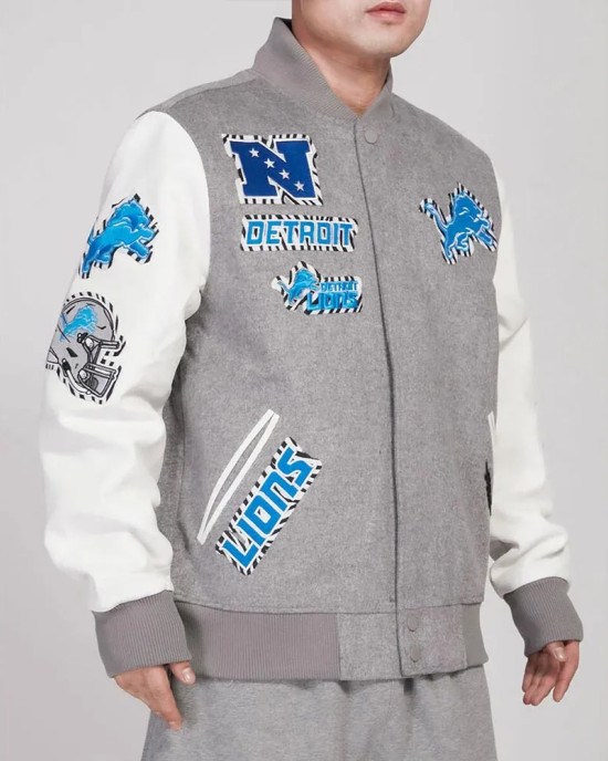 Detroit Lions Animal Patches Gray Varsity Jacket Detroit Lions Animal Patches Gray Varsity Jacket