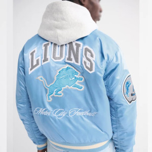 Detroit Lions Light Blue Varsity Bomber Satin Jacket