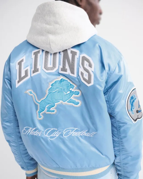 Detroit Lions Light Blue Varsity Bomber Satin Jacket