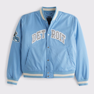 Detroit Lions Light Blue Varsity Bomber Satin Jacket