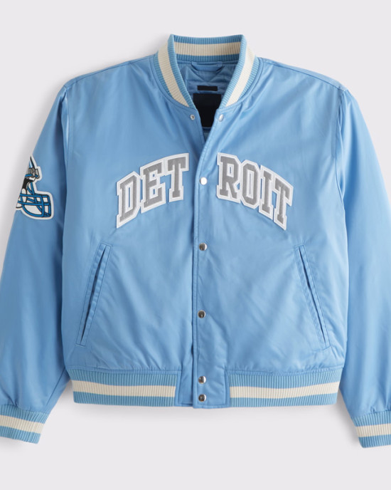 Detroit Lions Light Blue Varsity Bomber Satin Jacket
