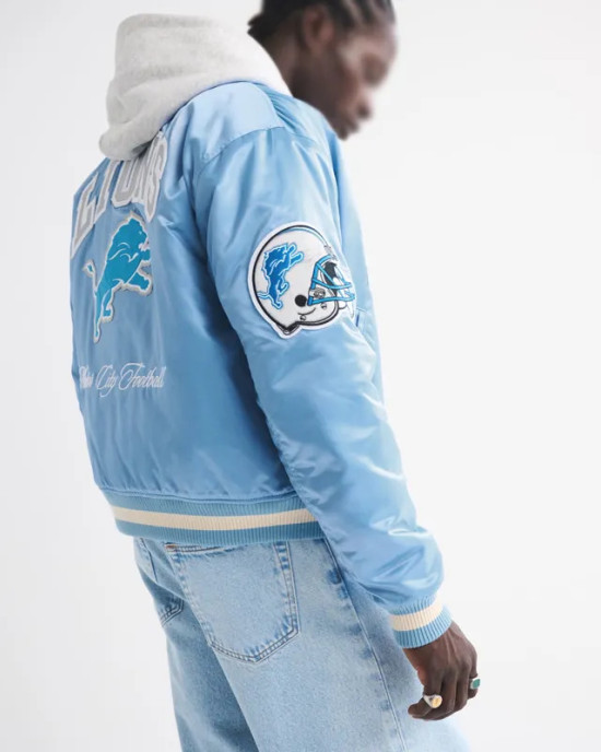 Detroit Lions Light Blue Varsity Bomber Satin Jacket
