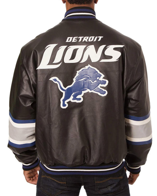Detroit Lions Striped Varsity Black Leather Jacket