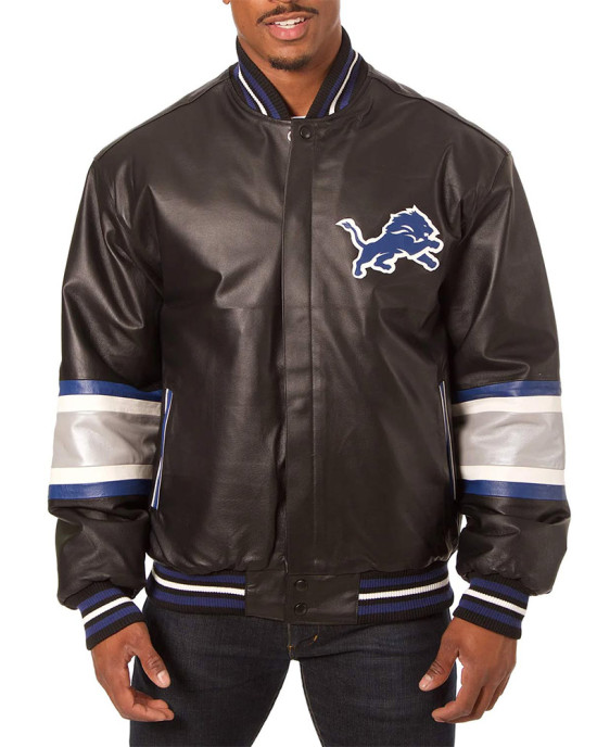 Detroit Lions Striped Varsity Black Leather Jacket