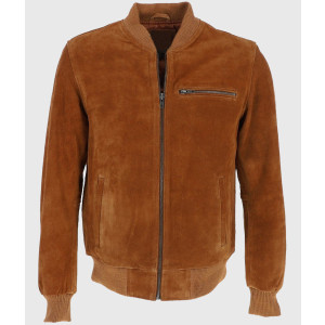 Ethan Mens Tan Bomber Suede Leather Jacket