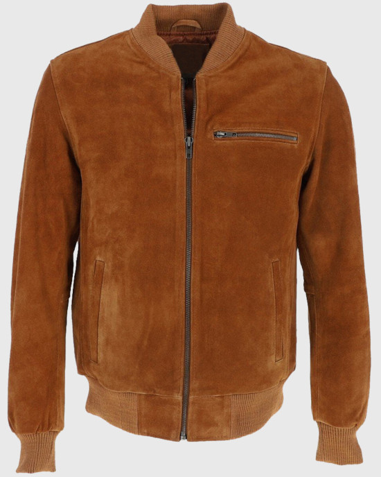 Ethan Mens Tan Bomber Suede Leather Jacket