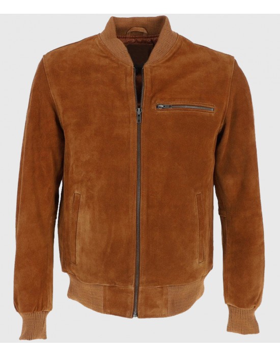 Ethan Mens Tan Bomber Suede Leather Jacket