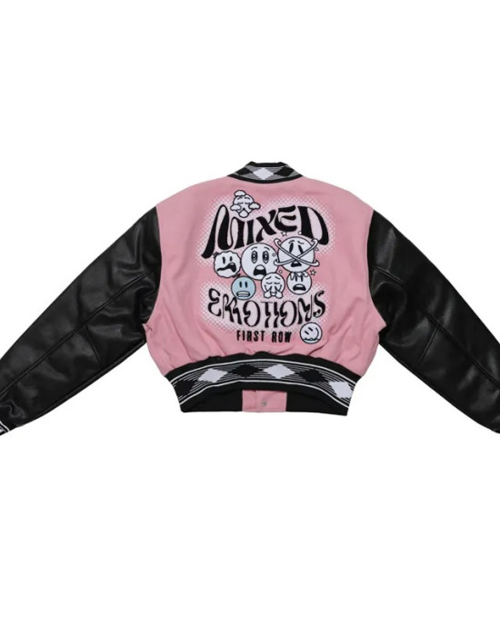 First Row Mixed Emotions Cropped Pink Varsity Jacket