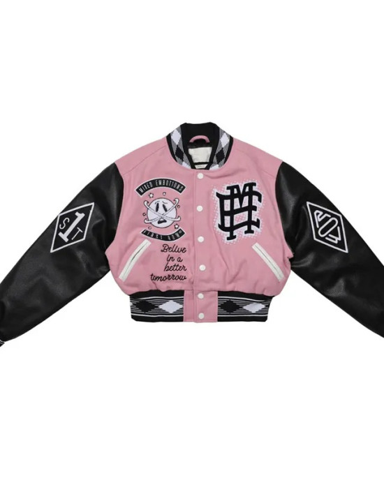 First Row Mixed Emotions Cropped Pink Varsity Jacket
