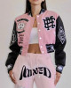 First Row Mixed Emotions Cropped Pink Varsity Jacket