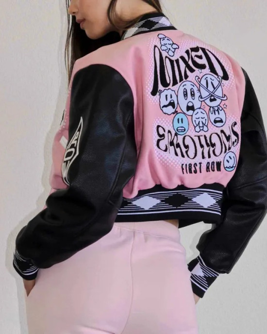First Row Mixed Emotions Cropped Pink Varsity Jacket