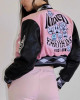 First Row Mixed Emotions Cropped Pink Varsity Jacket