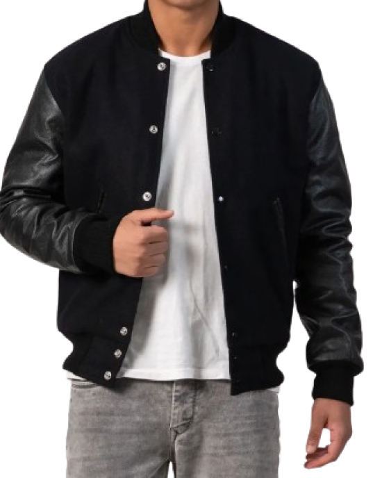 Genuine Leather & Black Wool Varsity Letterman Jacket Genuine Leather & Black Wool Varsity Letterman Jacket