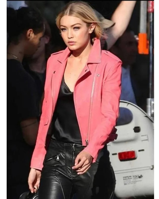 Gigi Hadid Biker Pink Leather Jacket