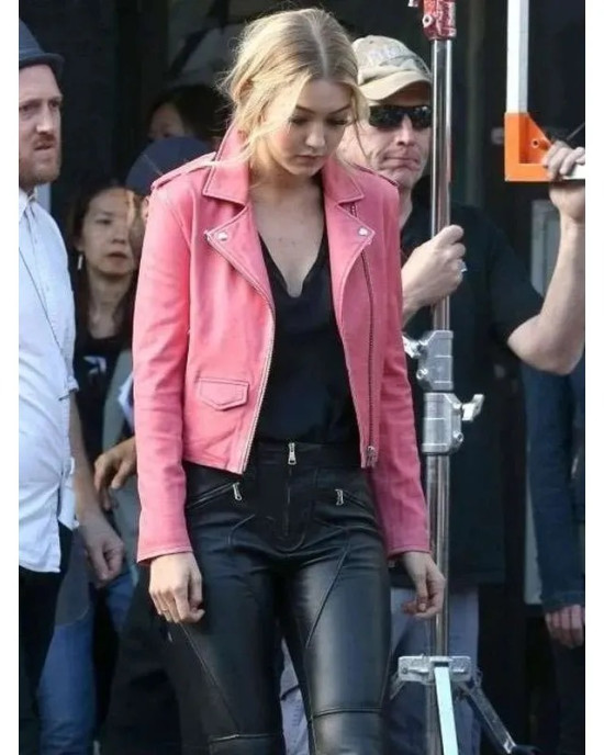 Gigi Hadid Biker Pink Leather Jacket