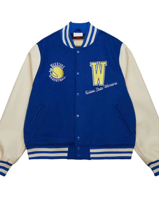 Golden State Warriors Classics Royal and Off White Varsity Jacket Golden State Warriors Classics Royal and Off White Varsity Jacket