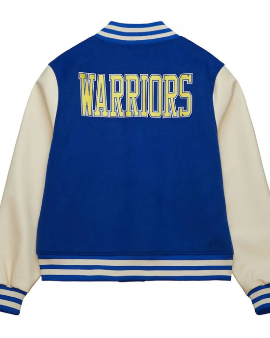 Golden State Warriors Classics Royal and Off White Varsity Jacket Golden State Warriors Classics Royal and Off White Varsity Jacket