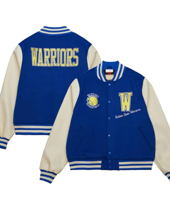 Golden State Warriors Classics Royal and Off White Varsity Jacket Golden State Warriors Classics Royal and Off White Varsity Jacket