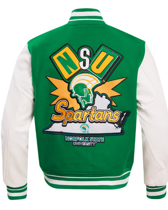 Green and White Norfolk State University Classic Rib Varsity Jacket Green and White Norfolk State University Classic Rib Varsity Jacket
