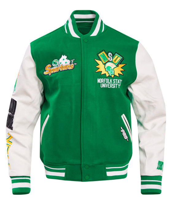 Green and White Norfolk State University Classic Rib Varsity Jacket Green and White Norfolk State University Classic Rib Varsity Jacket
