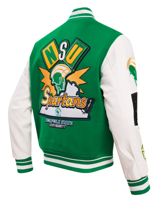 Green and White Norfolk State University Classic Rib Varsity Jacket Green and White Norfolk State University Classic Rib Varsity Jacket