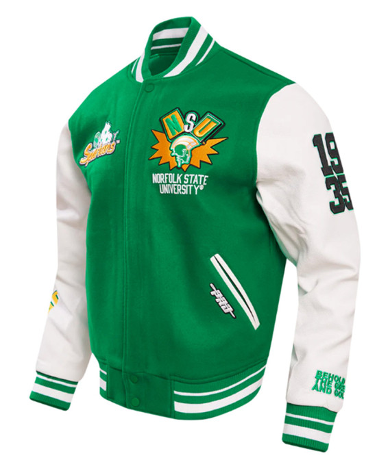 Green and White Norfolk State University Classic Rib Varsity Jacket Green and White Norfolk State University Classic Rib Varsity Jacket