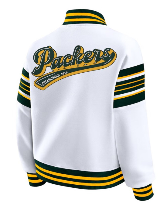Green Bay Packers Snap Front White Fleece Jacket