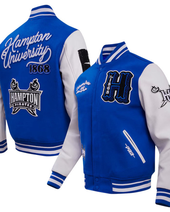 Hampton Pirates HBCU Royal and White Varsity Jacket Hampton Pirates HBCU Royal and White Varsity Jacket