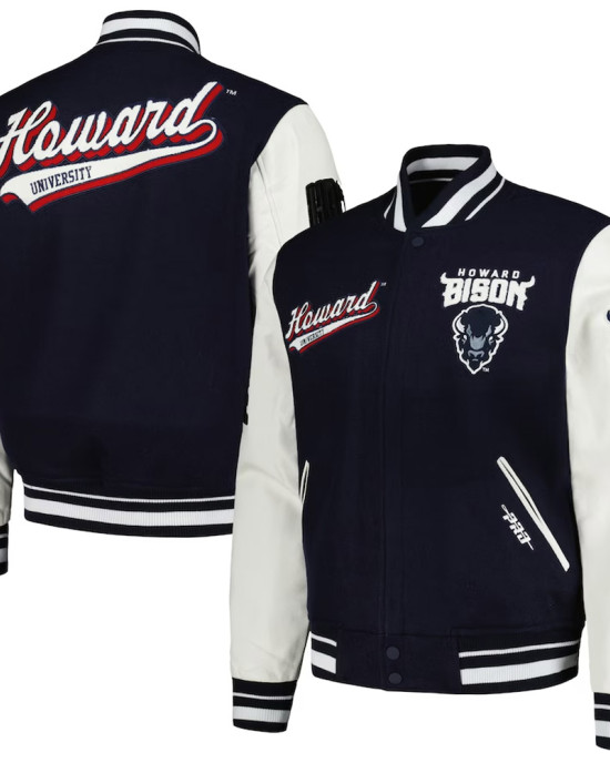 Howard Bison Script Navy and White Varsity Jacket Howard Bison Script Navy and White Varsity Jacket