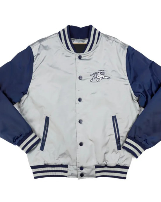 Jackson State Gray and Navy Baseball Jacket Jackson State Gray and Navy Baseball Jacket