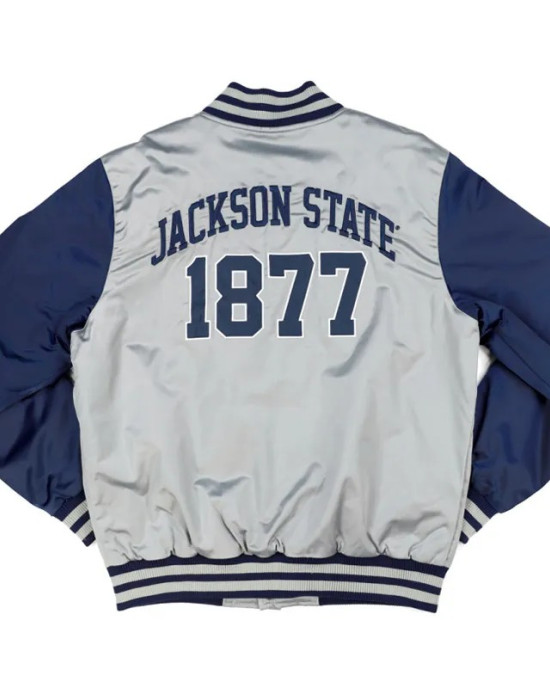 Jackson State Gray and Navy Baseball Jacket Jackson State Gray and Navy Baseball Jacket