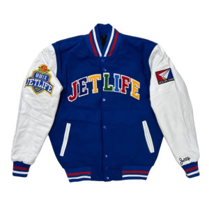 Jet Life Full-Snap Royal and White Wool/Leather Varsity Jacket