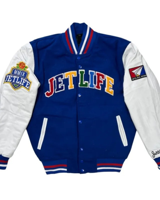 Jet Life Full-Snap Royal and White Wool/Leather Varsity Jacket Jet Life Full-Snap Royal and White Wool/Leather Varsity Jacket